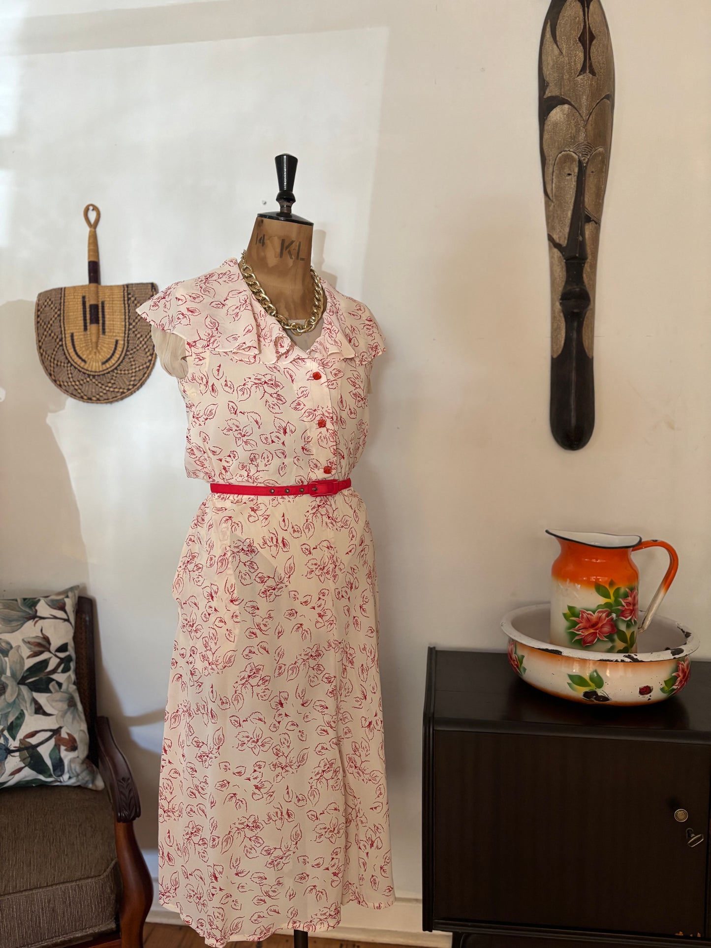 Cream & Red Floral Chiffon Vintage Dress
