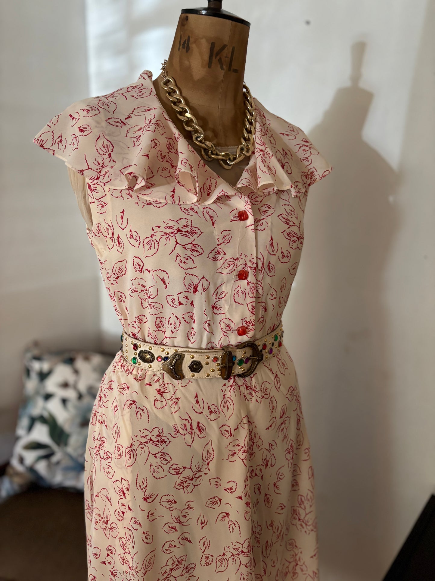 Cream & Red Floral Chiffon Vintage Dress