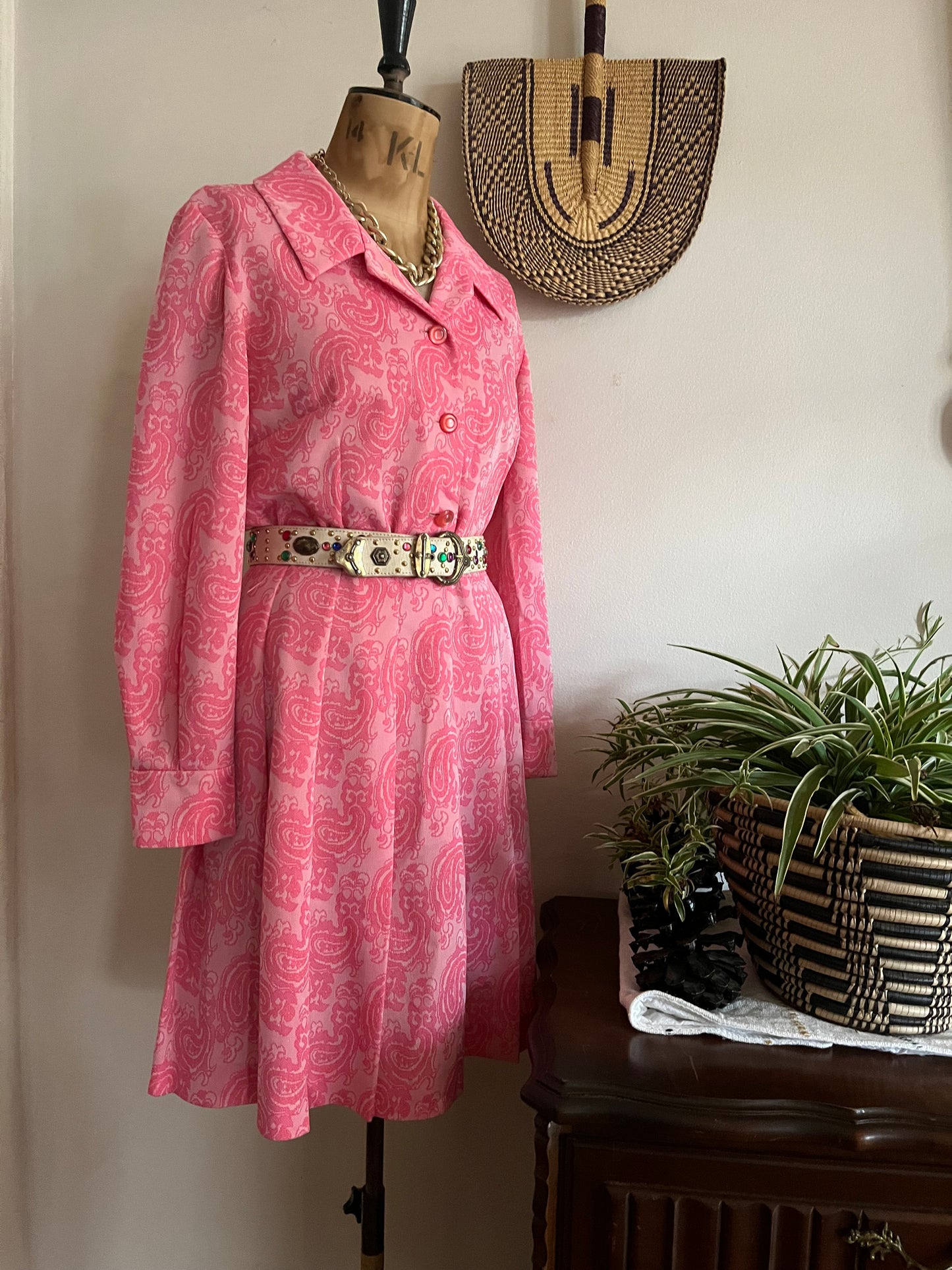 Paisley Print Pink Crimplene Vintage Dress