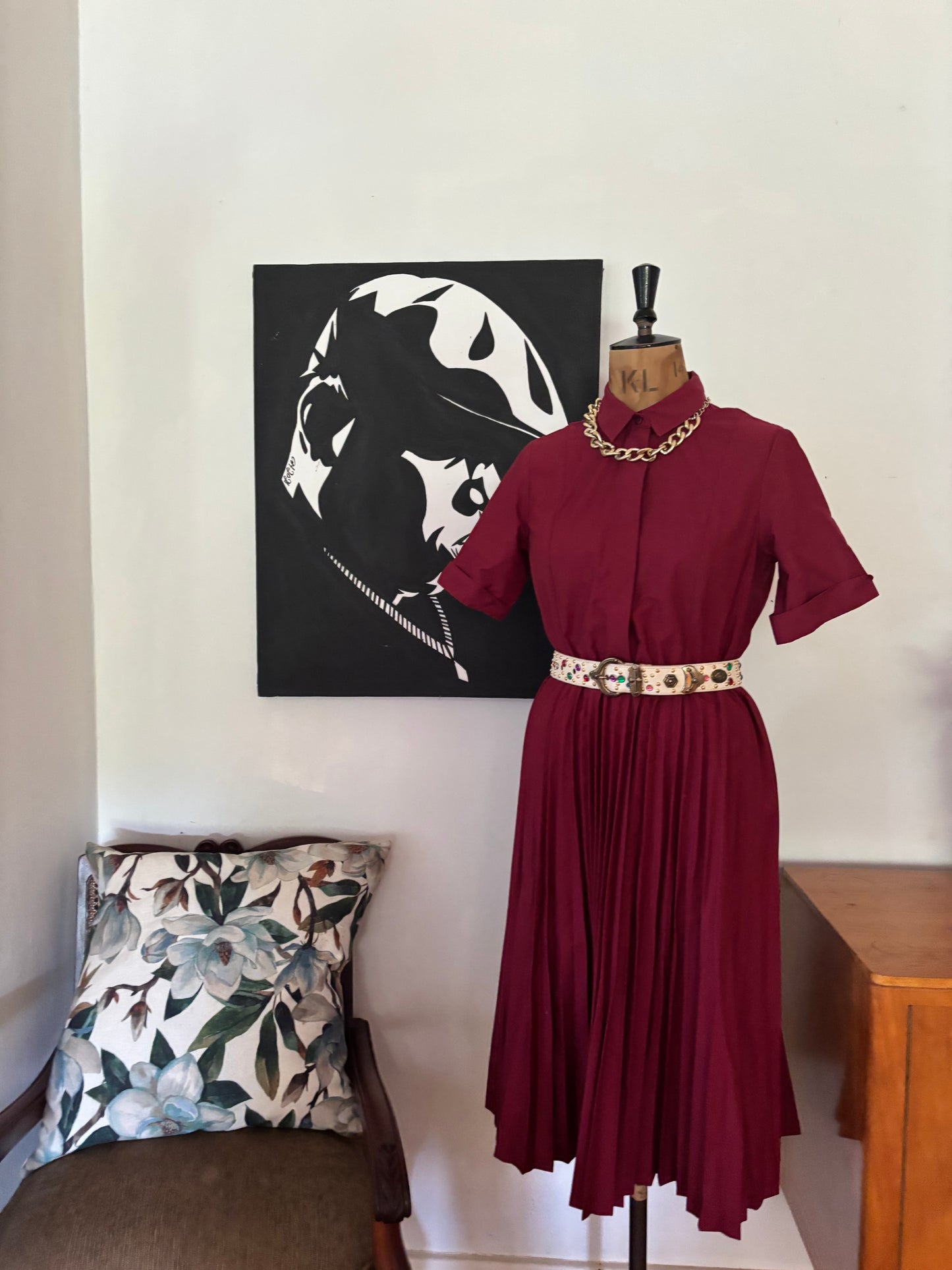 Burgundy Pleated Button Up Vintage Dress
