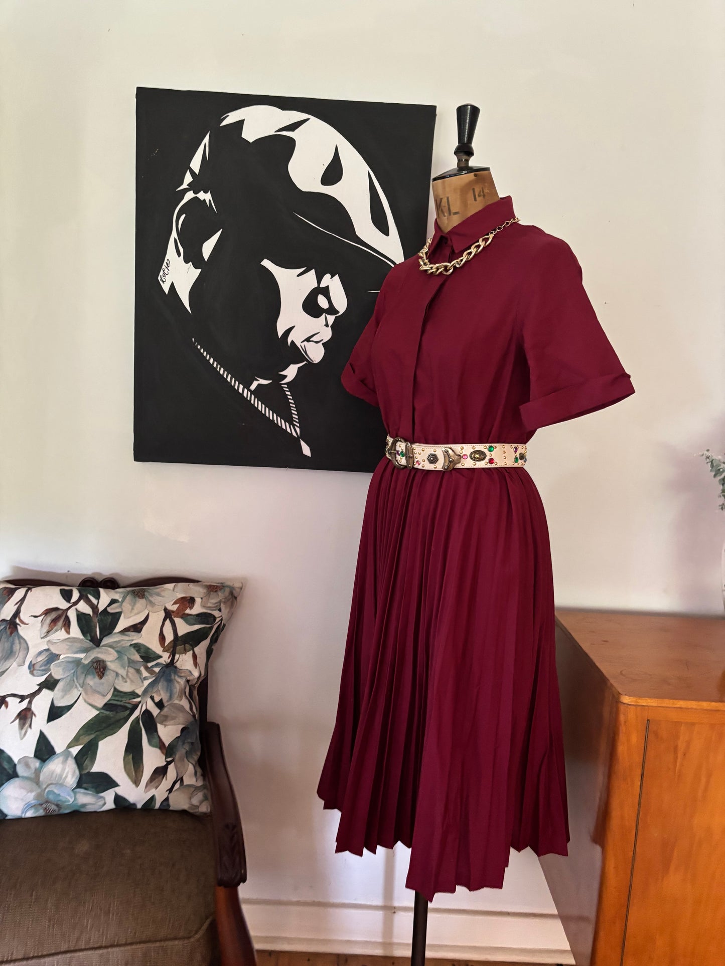 Burgundy Pleated Button Up Vintage Dress
