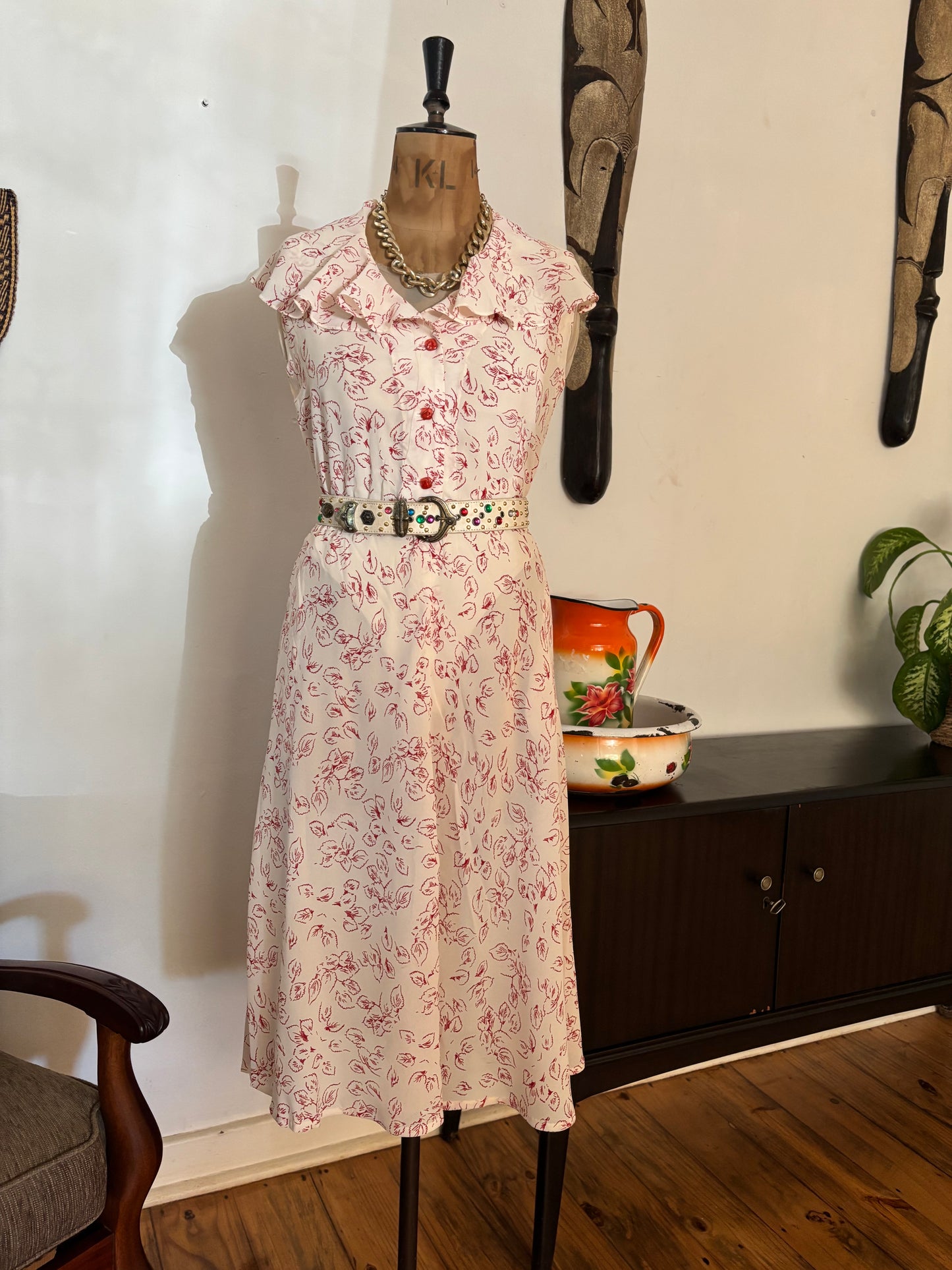 Cream & Red Floral Chiffon Vintage Dress