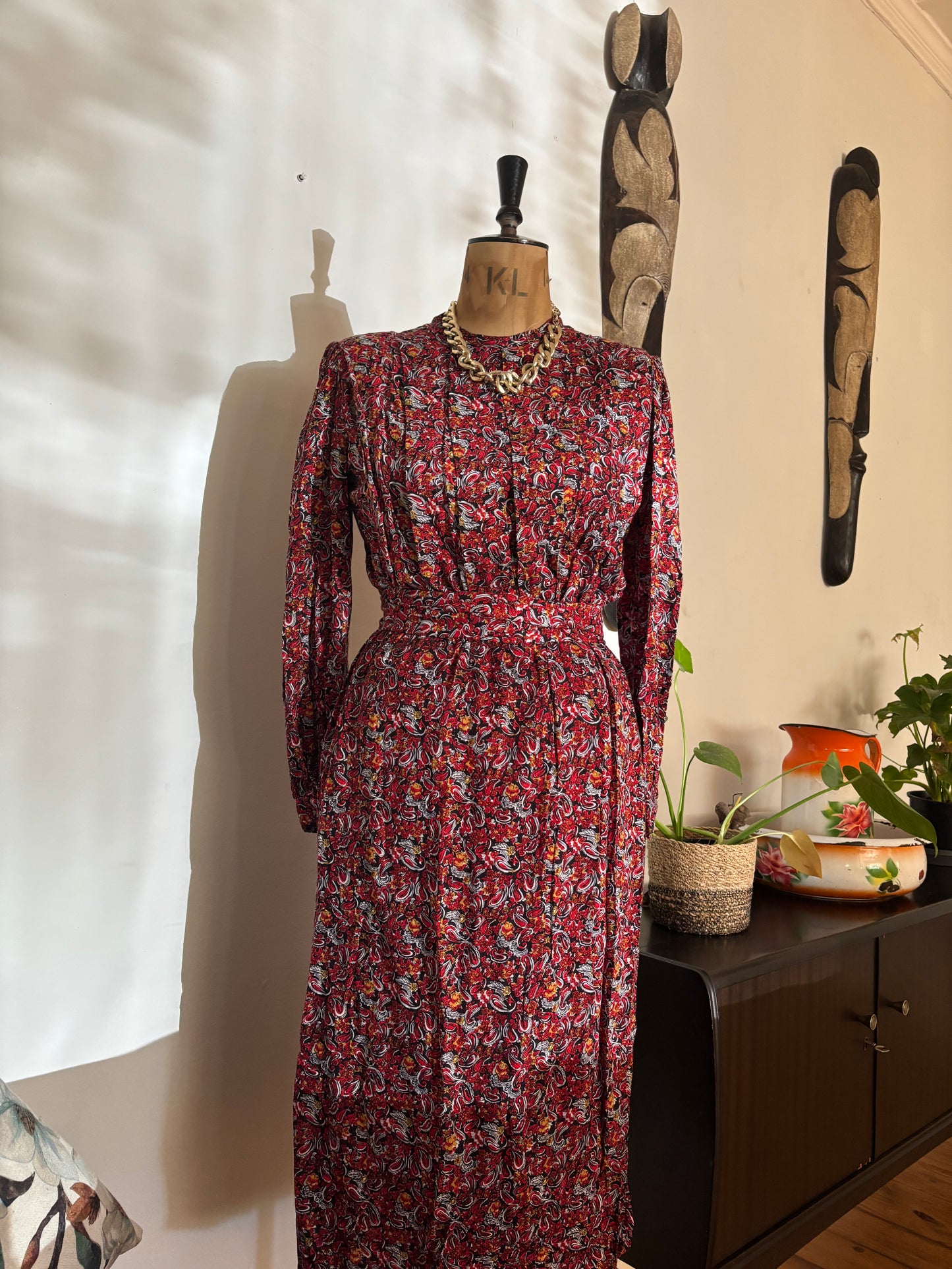 Burgundy Paisley Print Vintage Dress