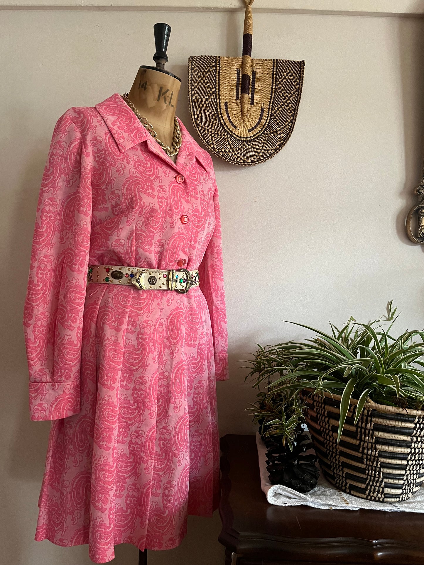 Paisley Print Pink Crimplene Vintage Dress