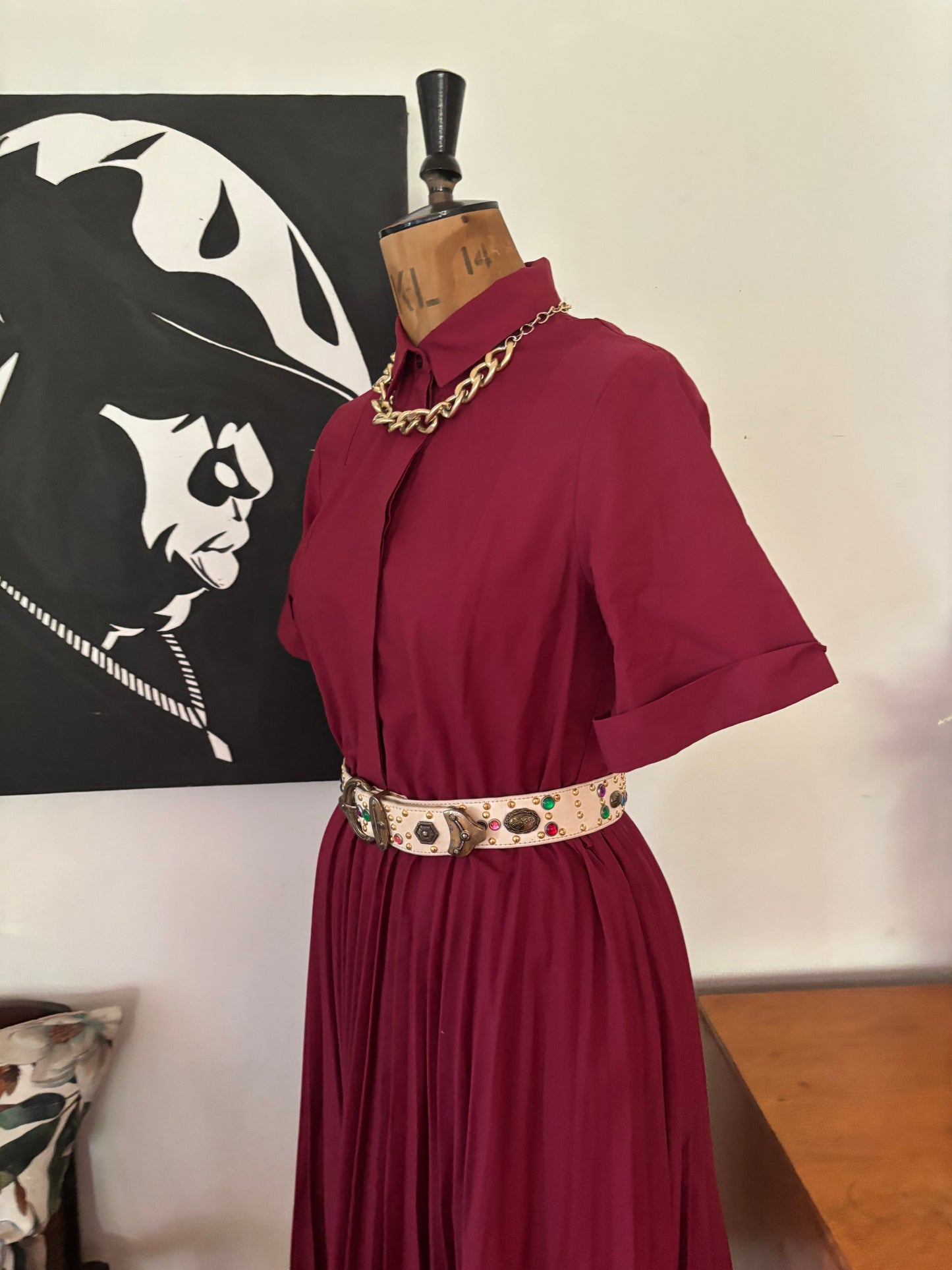 Burgundy Pleated Button Up Vintage Dress