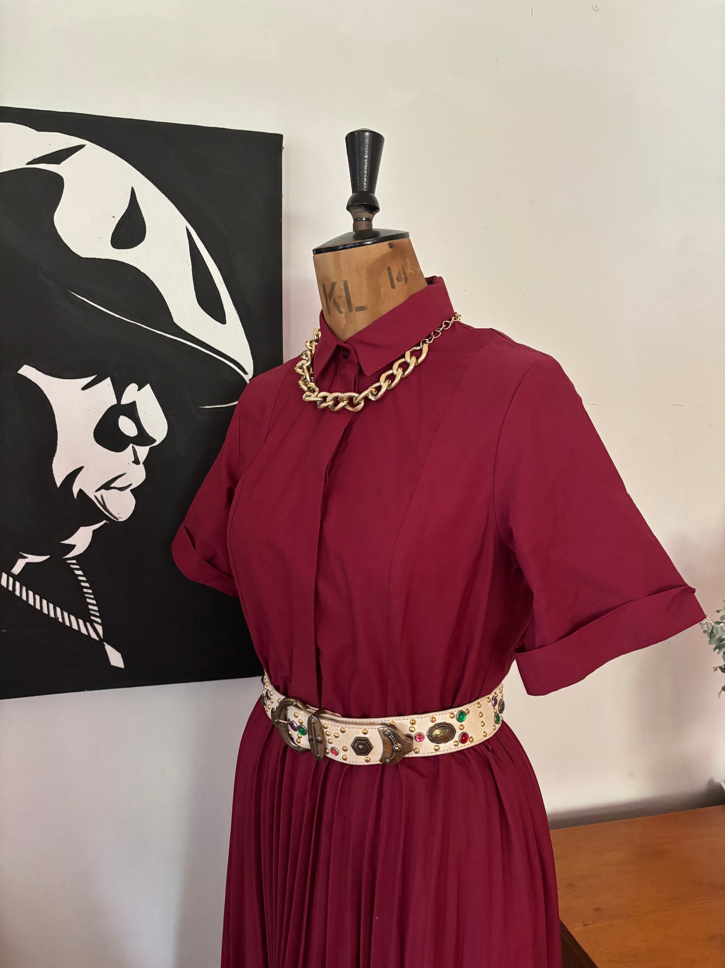 Burgundy Pleated Button Up Vintage Dress