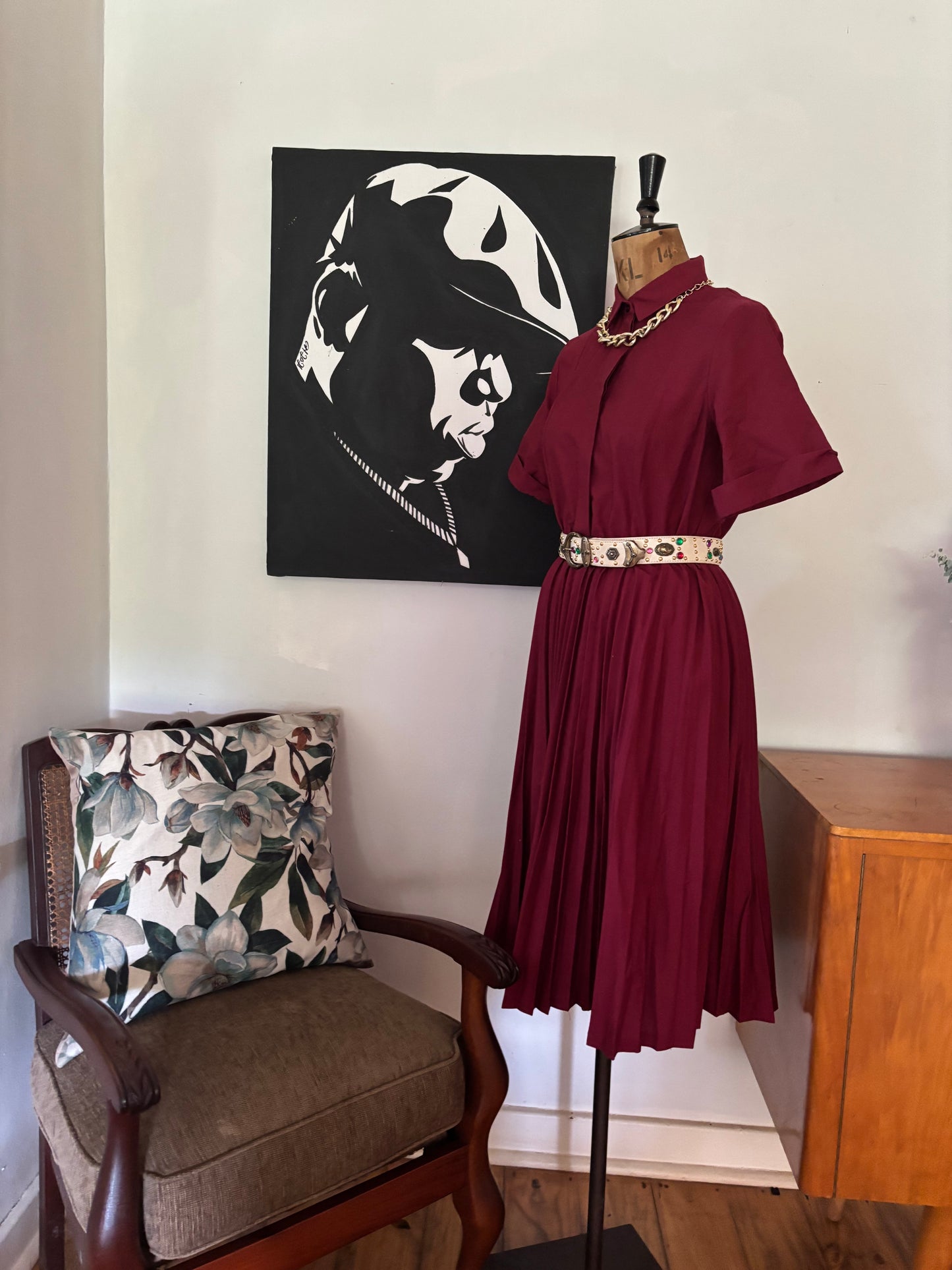 Burgundy Pleated Button Up Vintage Dress