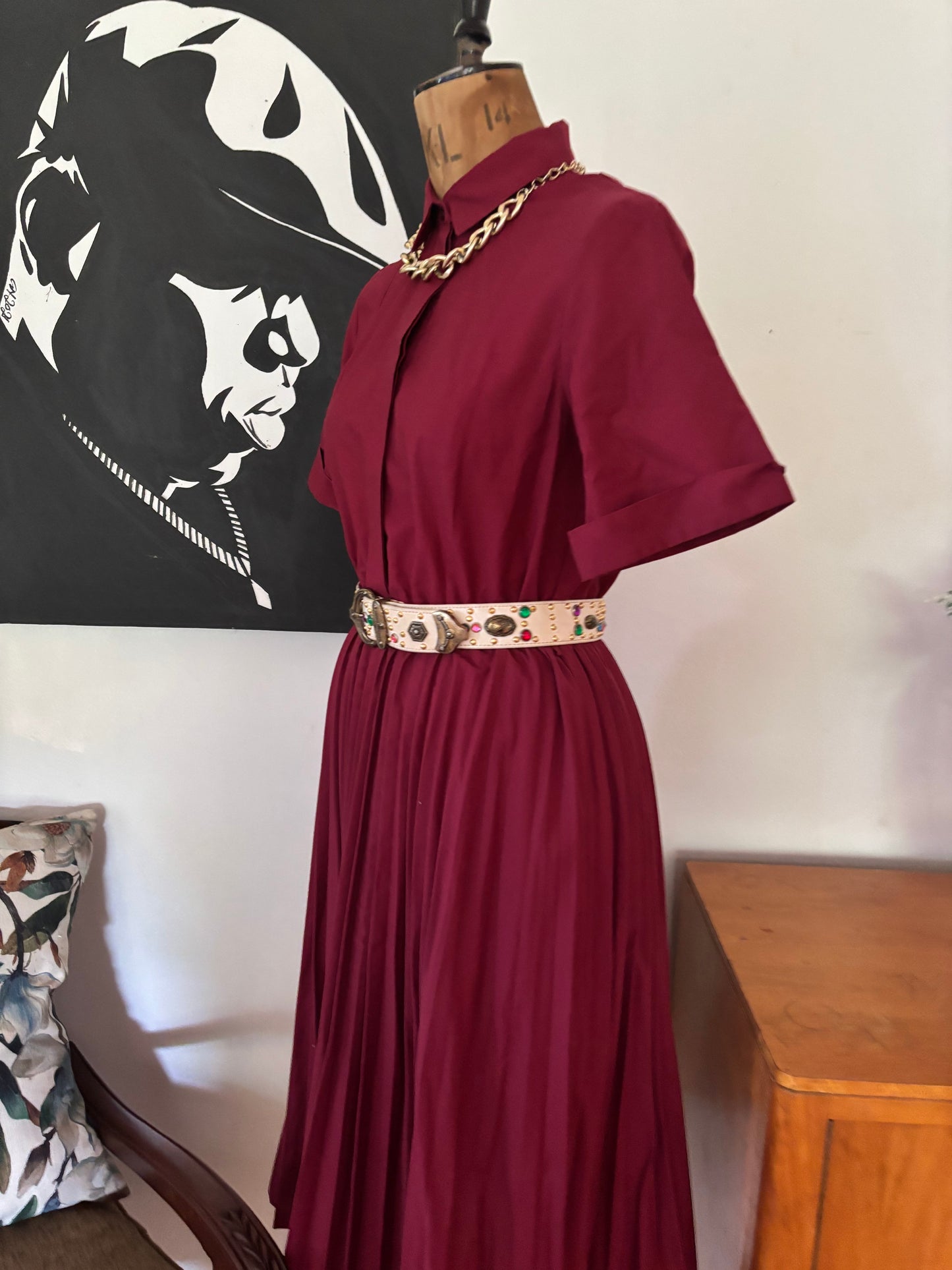 Burgundy Pleated Button Up Vintage Dress