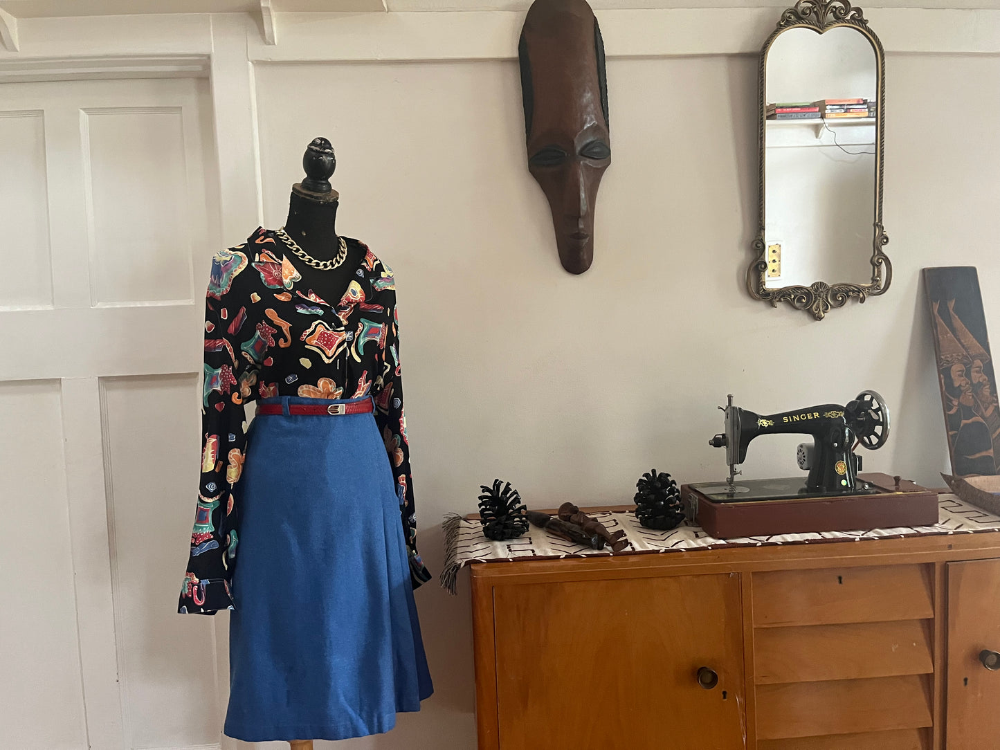 Blue Pleated Wool Pencil Skirt