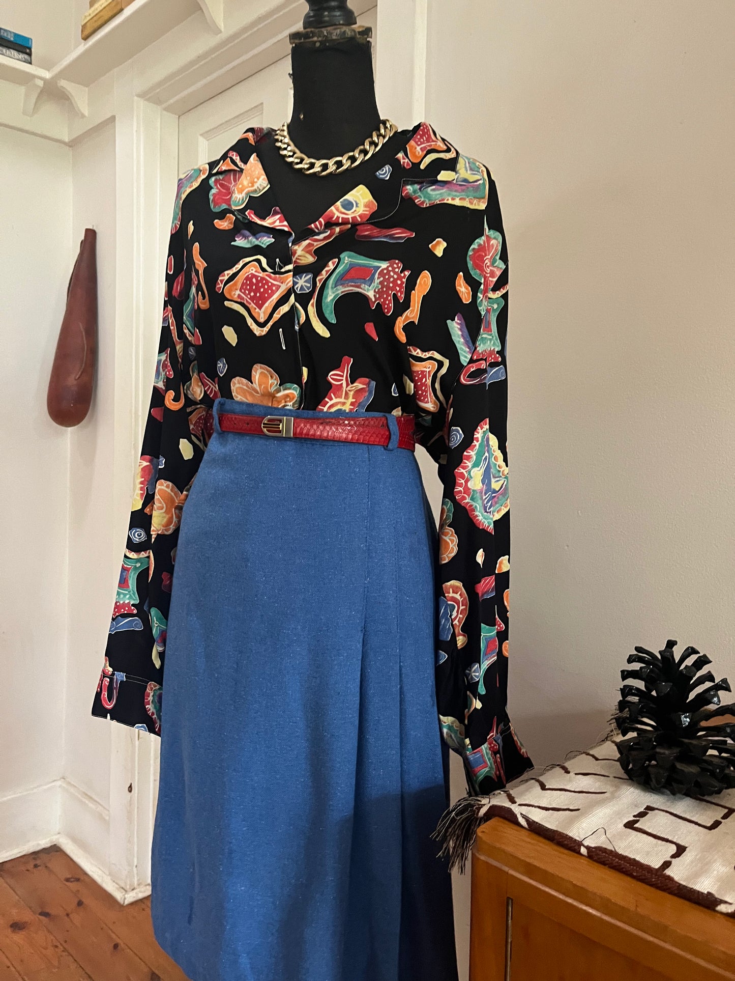 Blue Pleated Wool Pencil Skirt