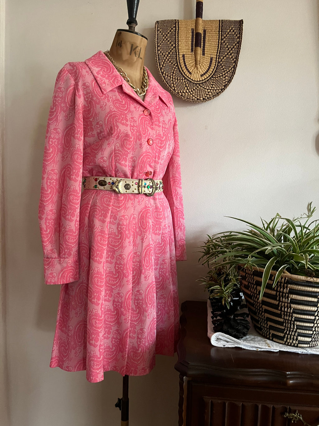 Paisley Print Pink Crimplene Vintage Dress
