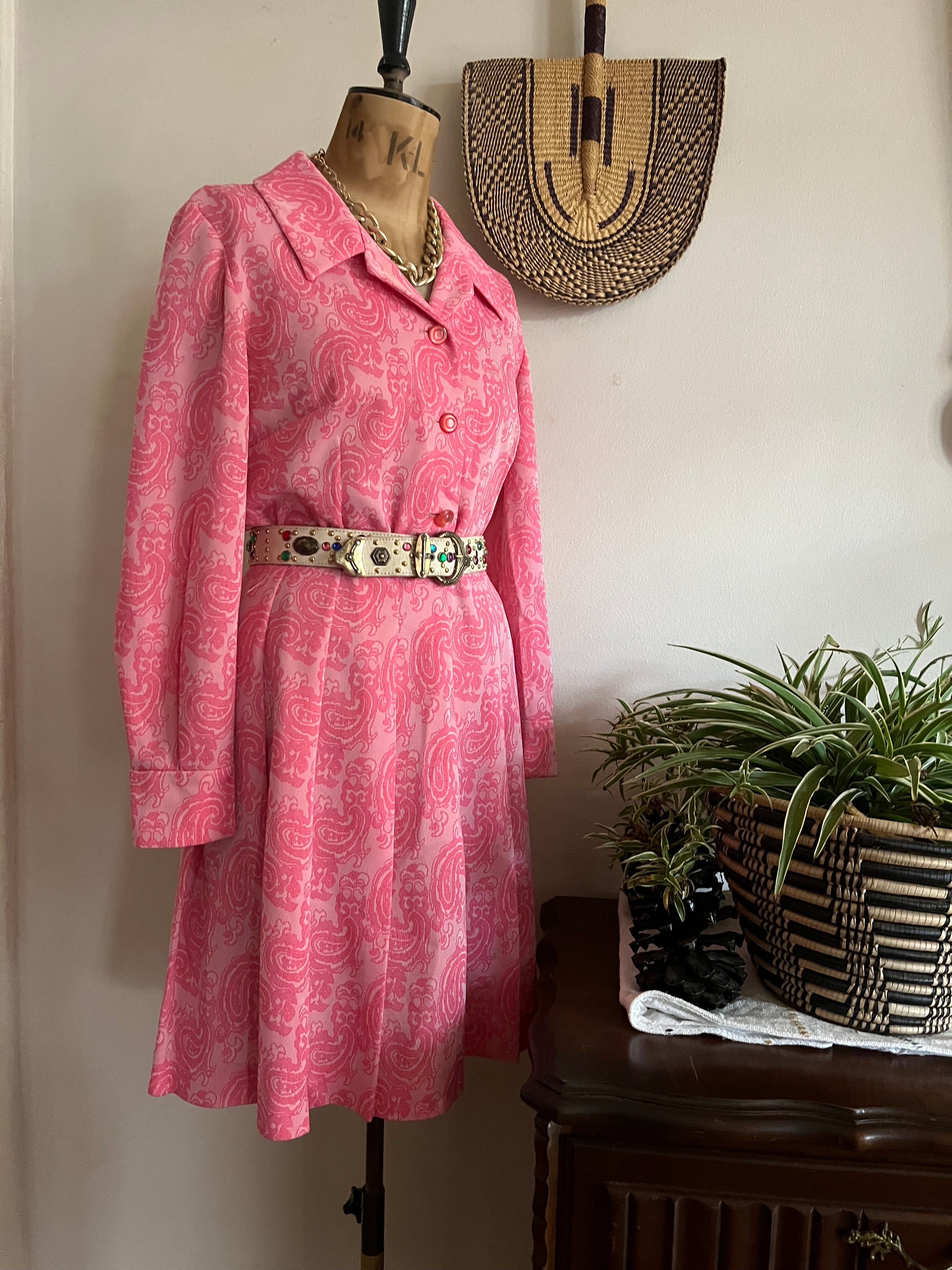 Paisley Print Pink Crimplene Vintage Dress
