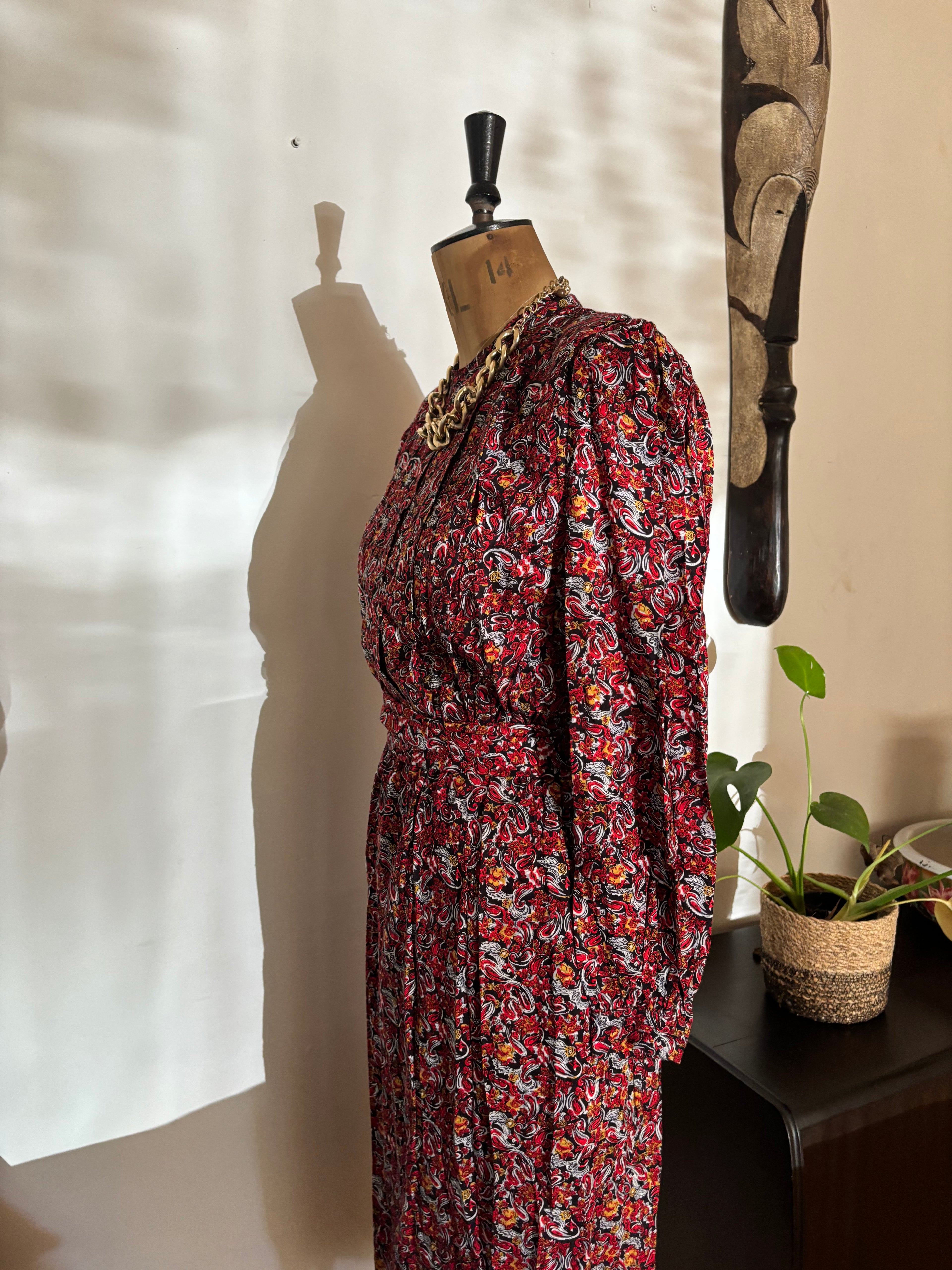Burgundy Paisley Print Vintage Dress