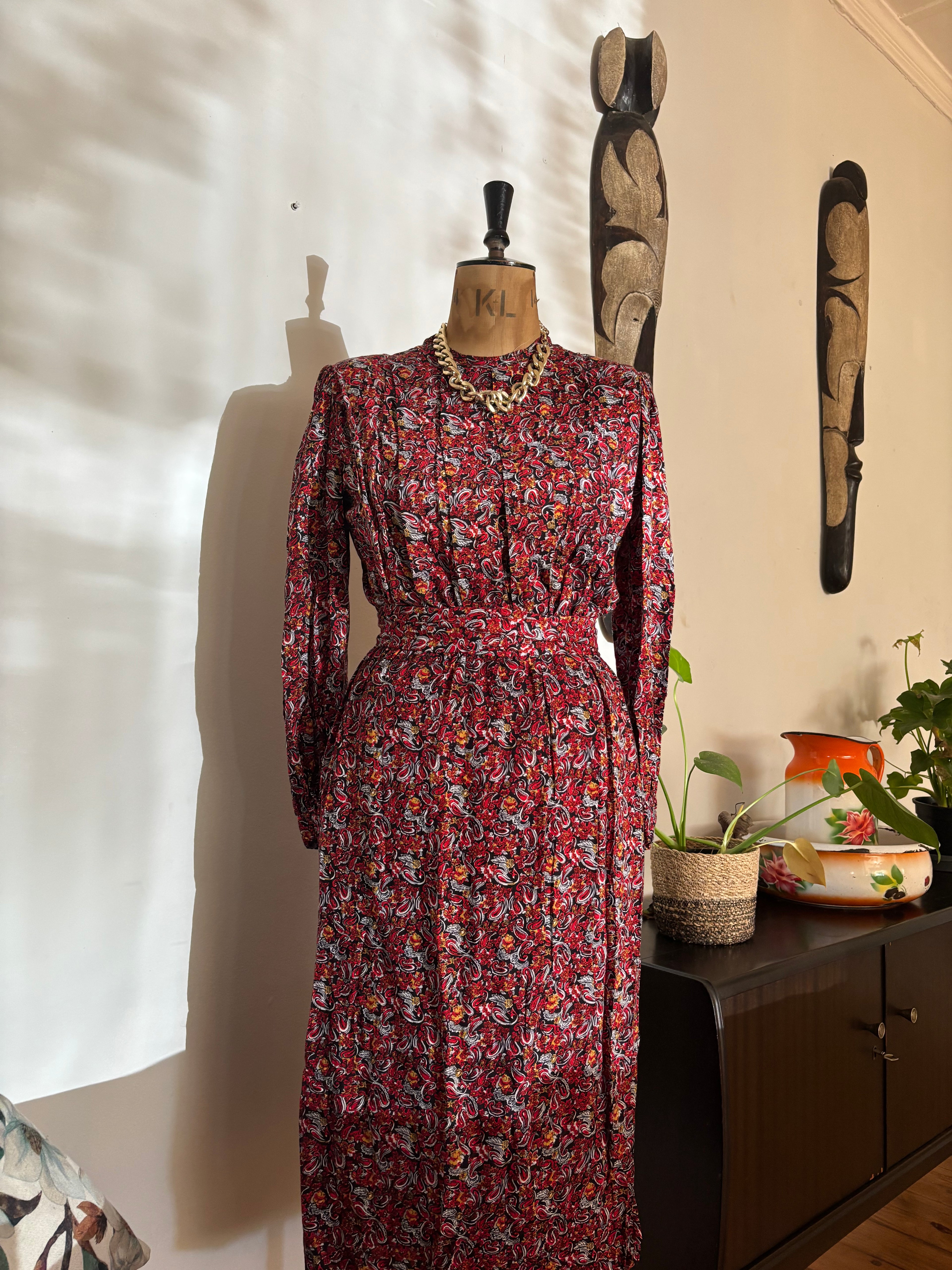 Burgundy Paisley Print Vintage Dress