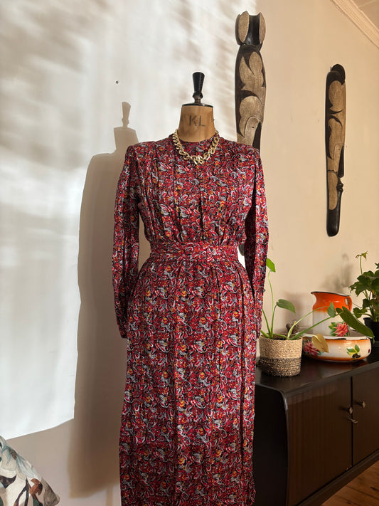 Burgundy Paisley Print Vintage Dress