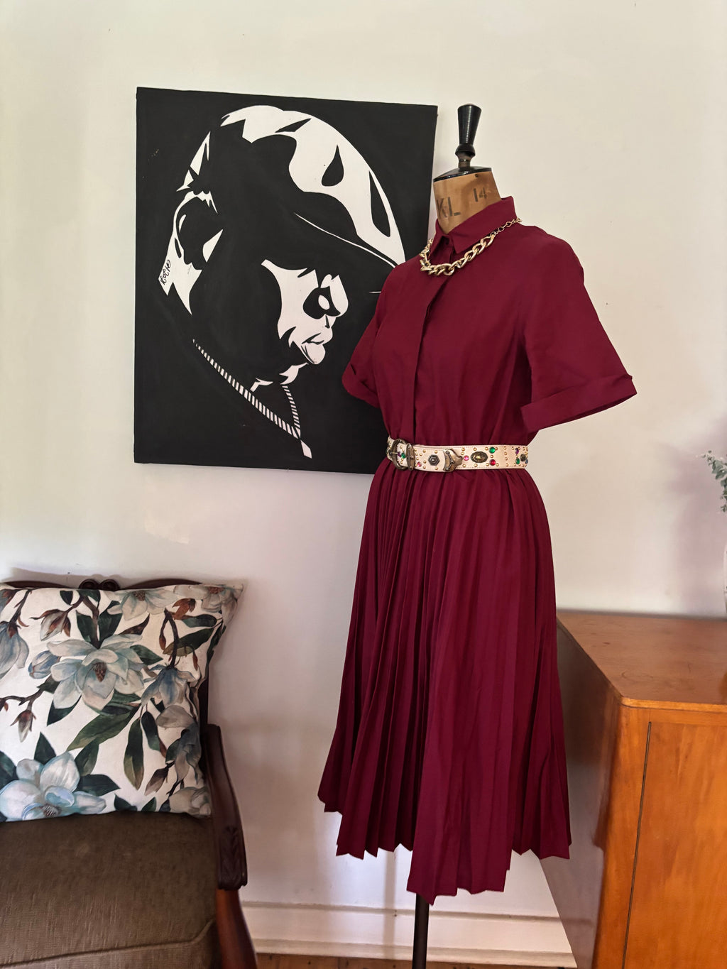 Burgundy Pleated Button Up Vintage Dress
