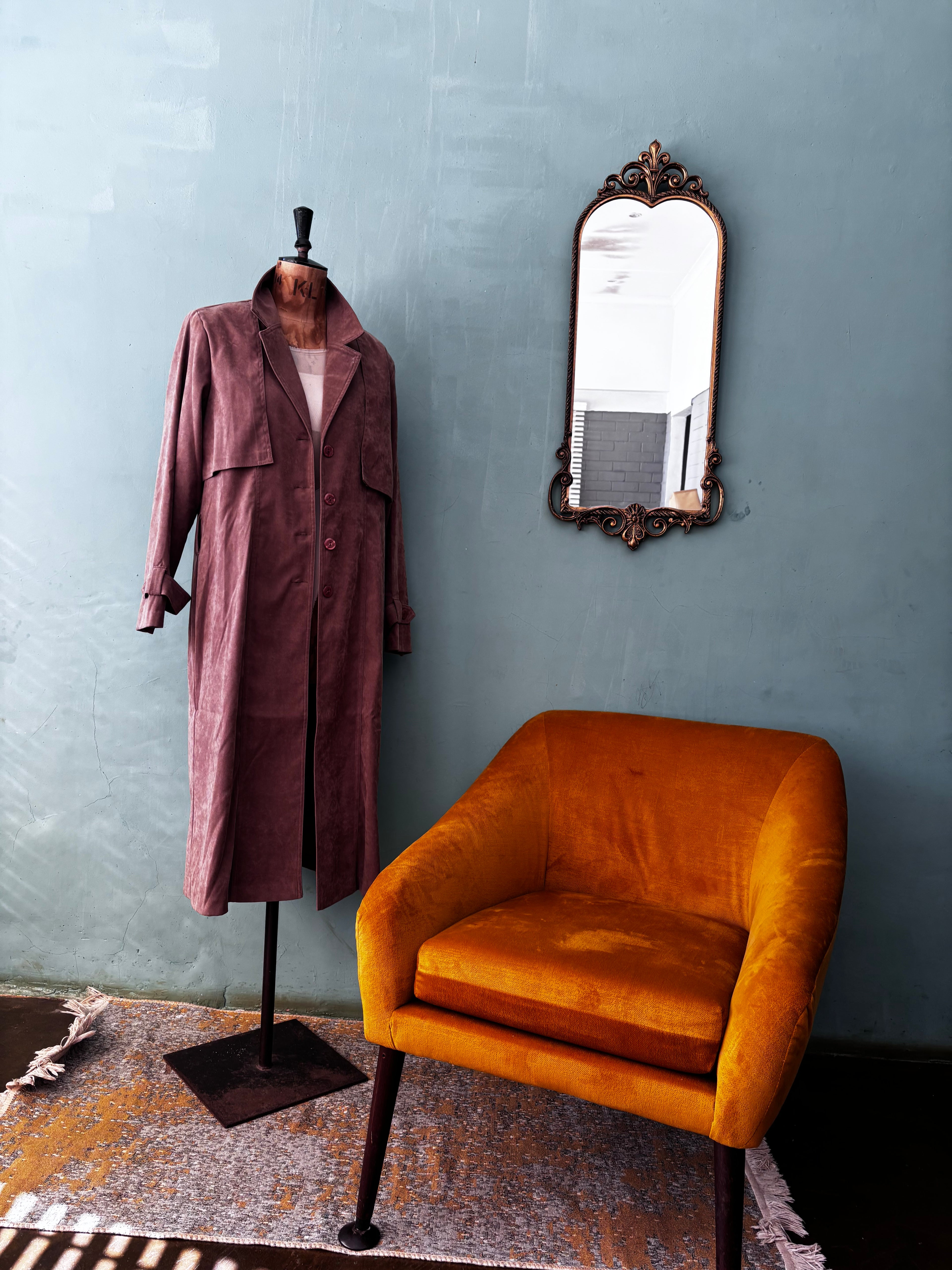 Brown Velour Trench Coat & Pants Set