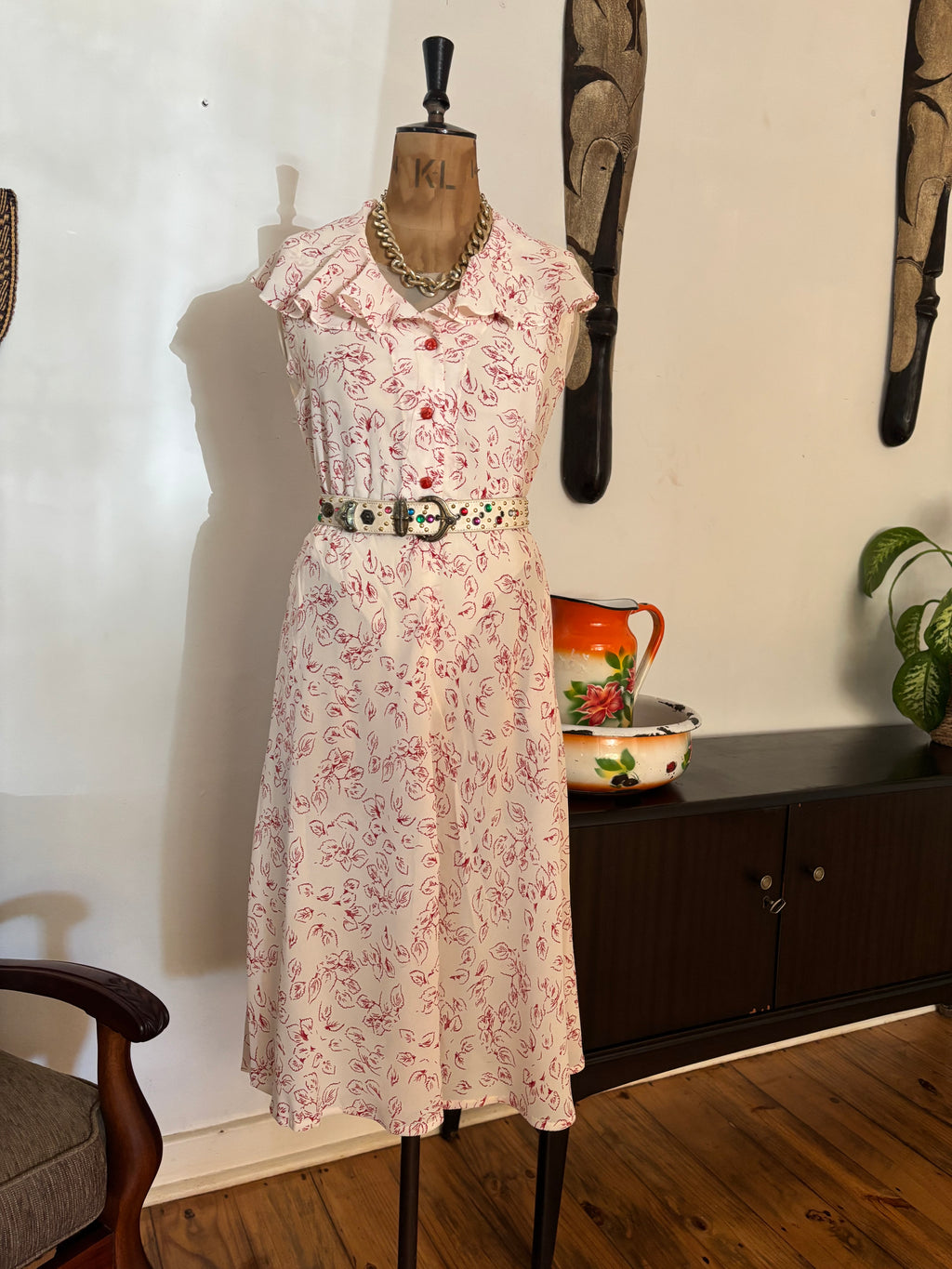 Cream & Red Floral Chiffon Vintage Dress