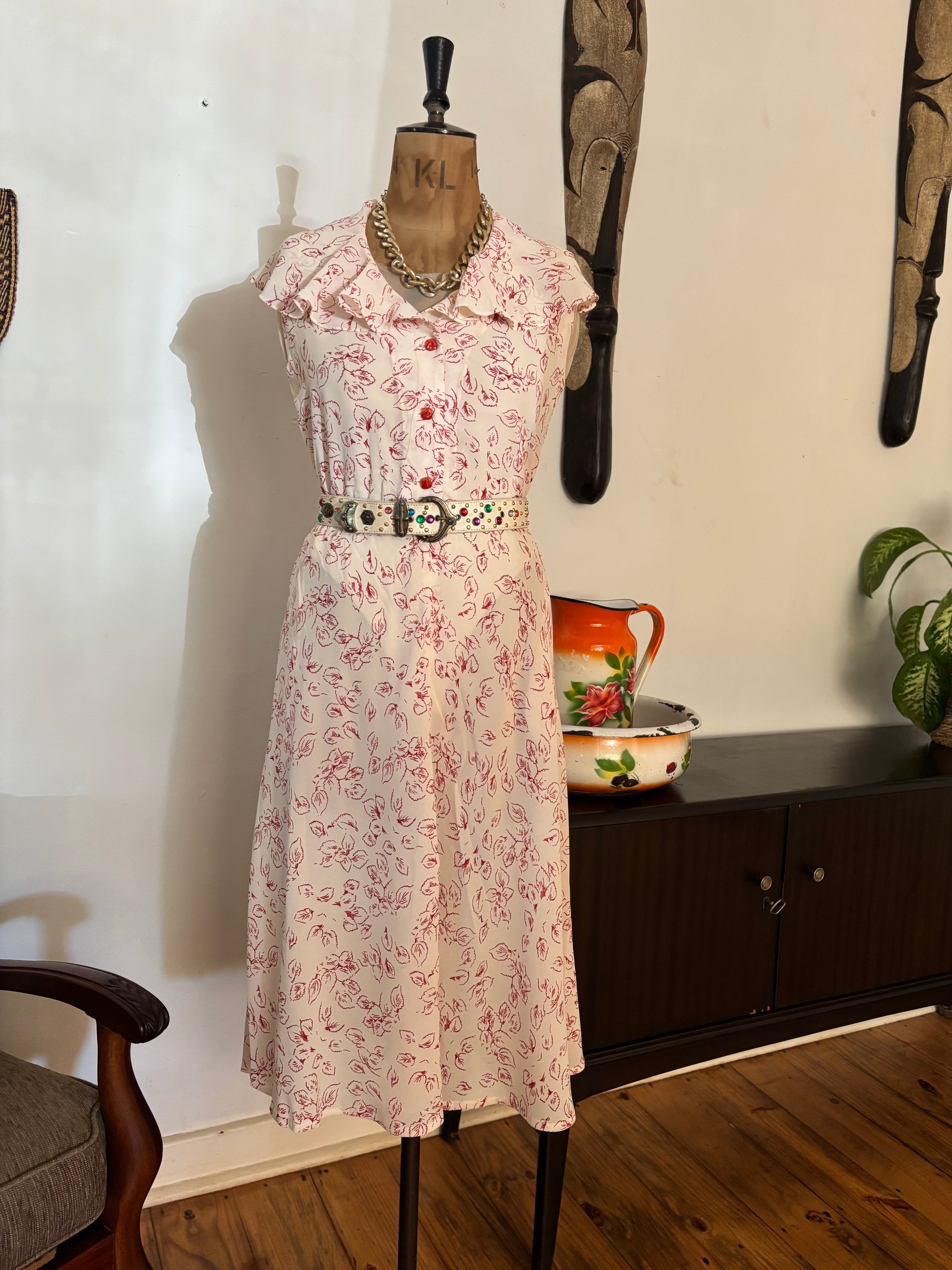 Cream & Red Floral Chiffon Vintage Dress