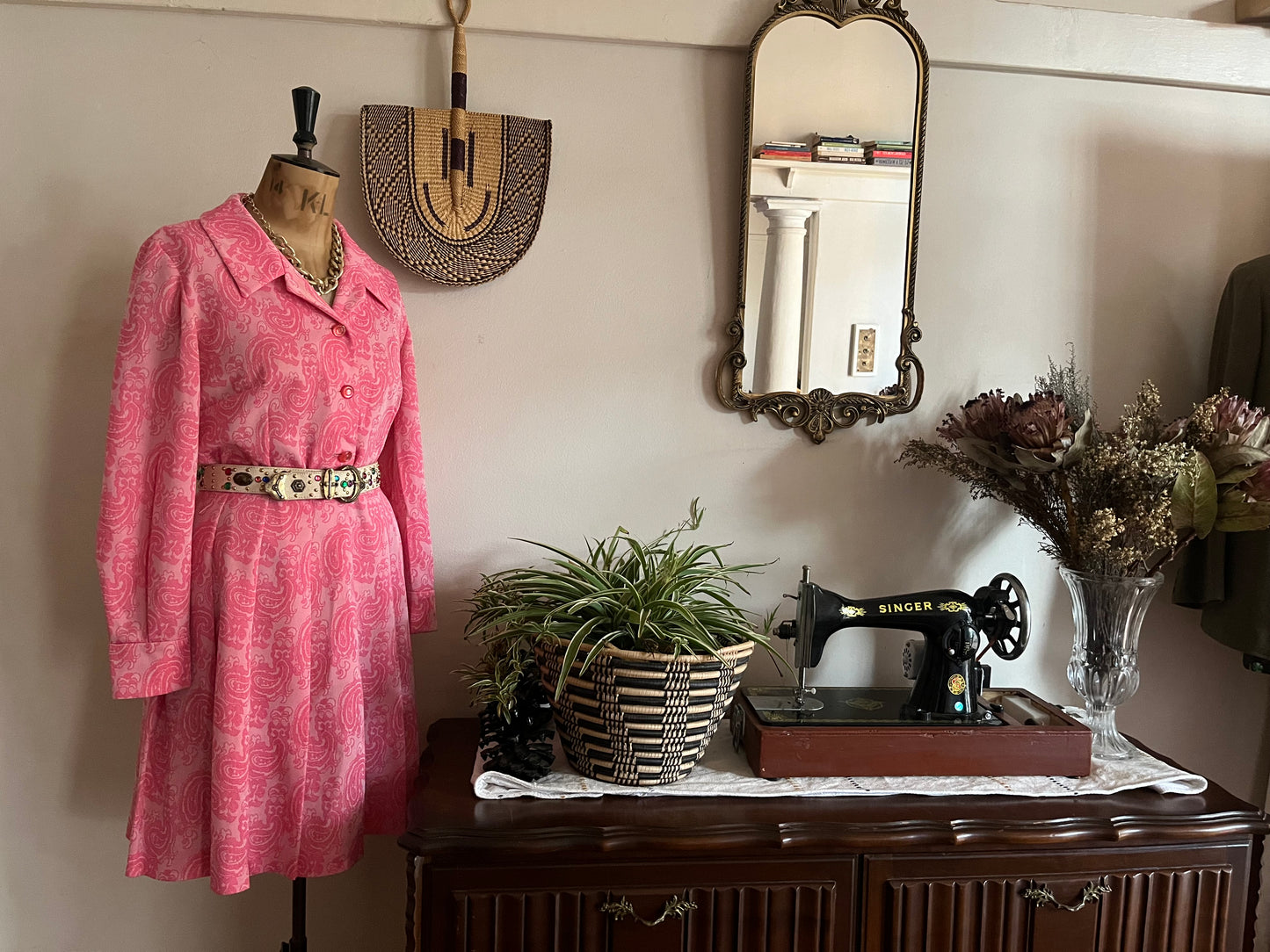 Paisley Print Pink Crimplene Vintage Dress