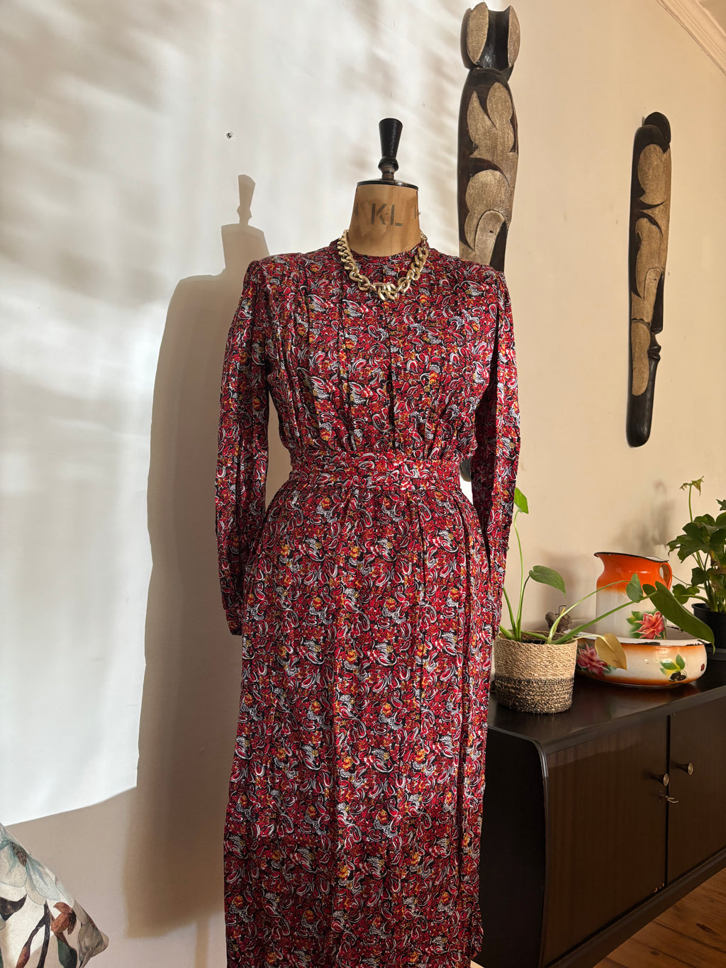 Burgundy Paisley Print Vintage Dress