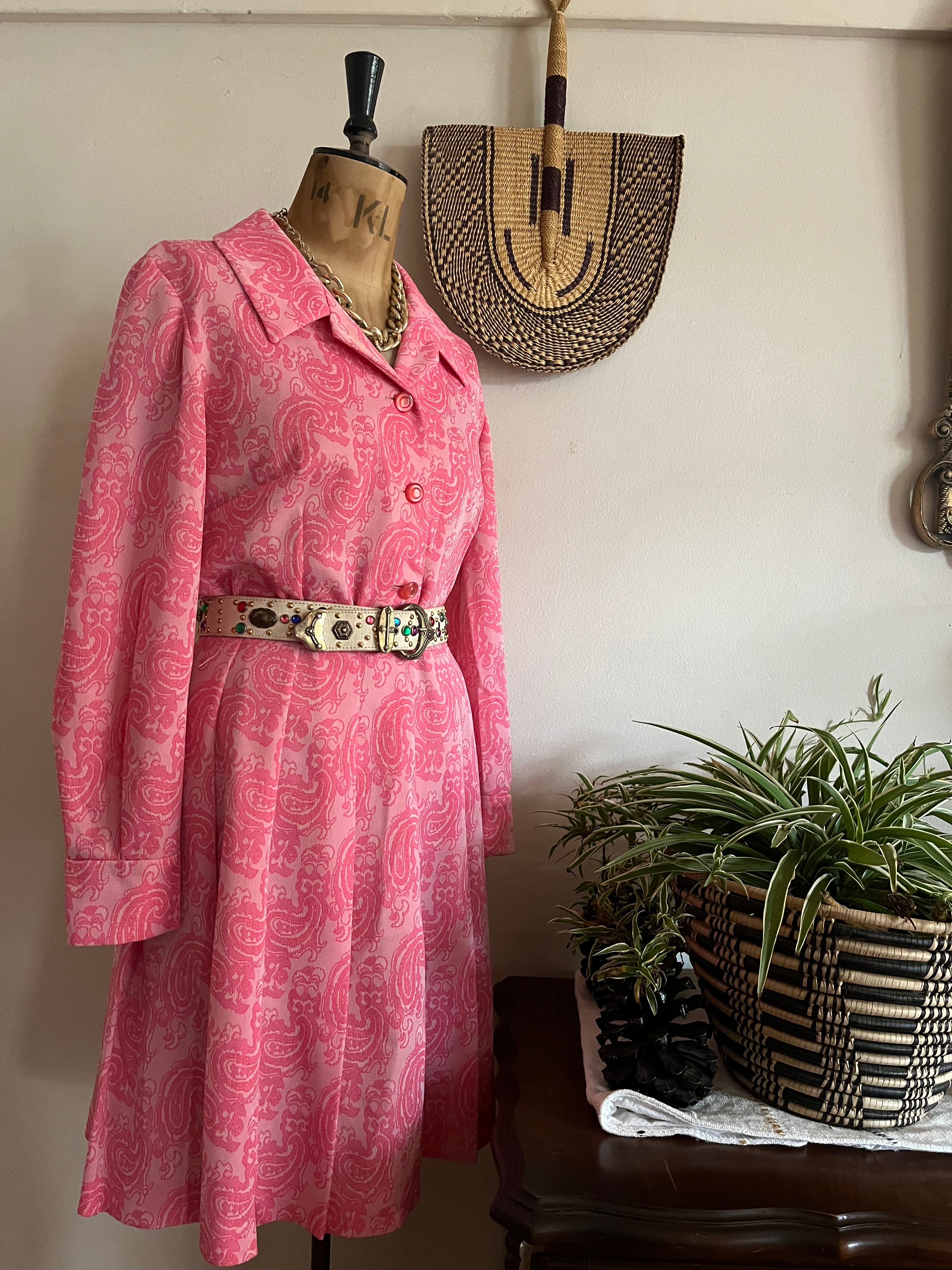 Paisley Print Pink Crimplene Vintage Dress