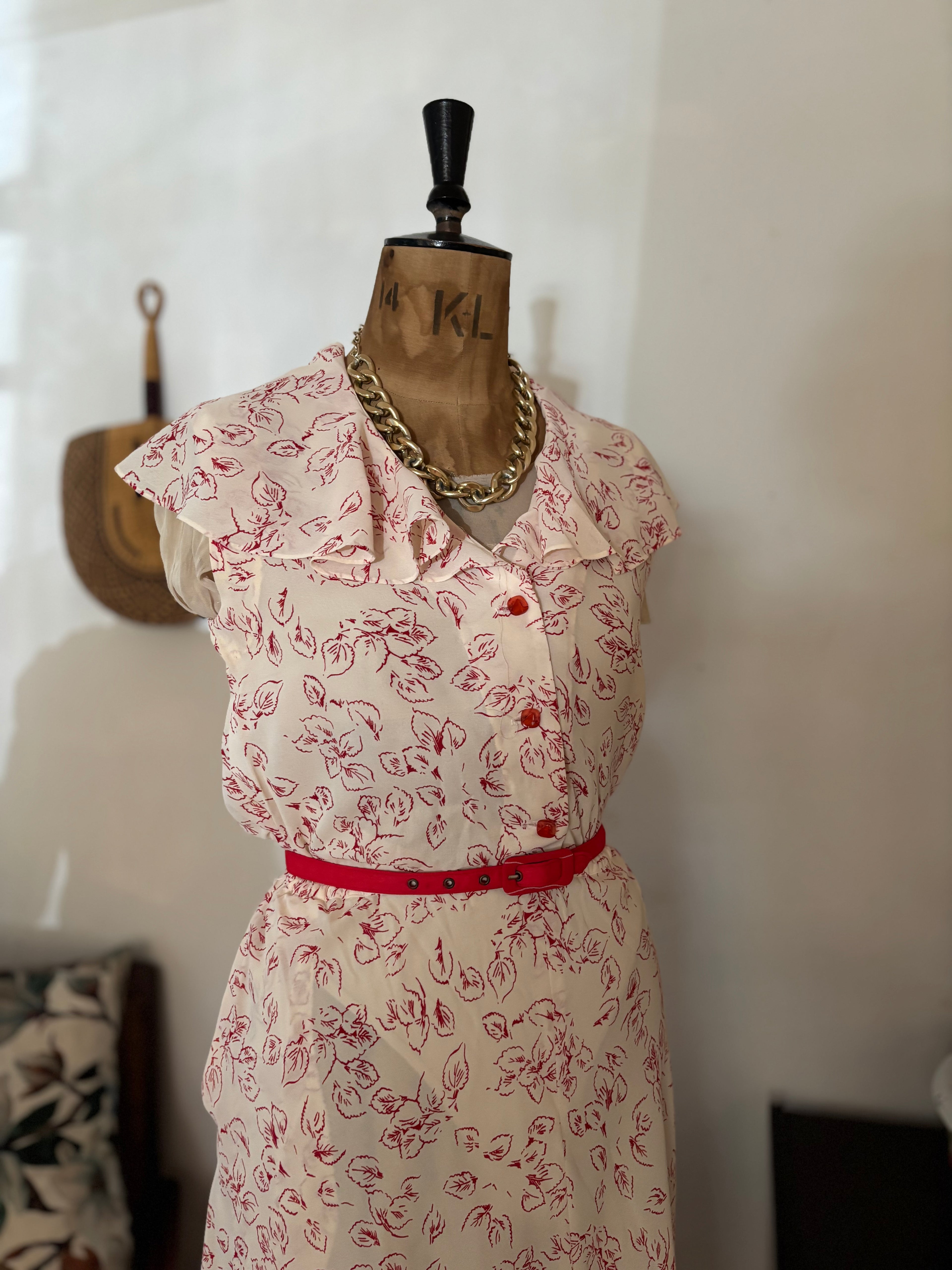 Cream & Red Floral Chiffon Vintage Dress