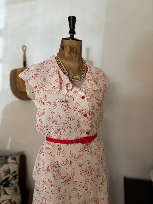 Cream & Red Floral Chiffon Vintage Dress