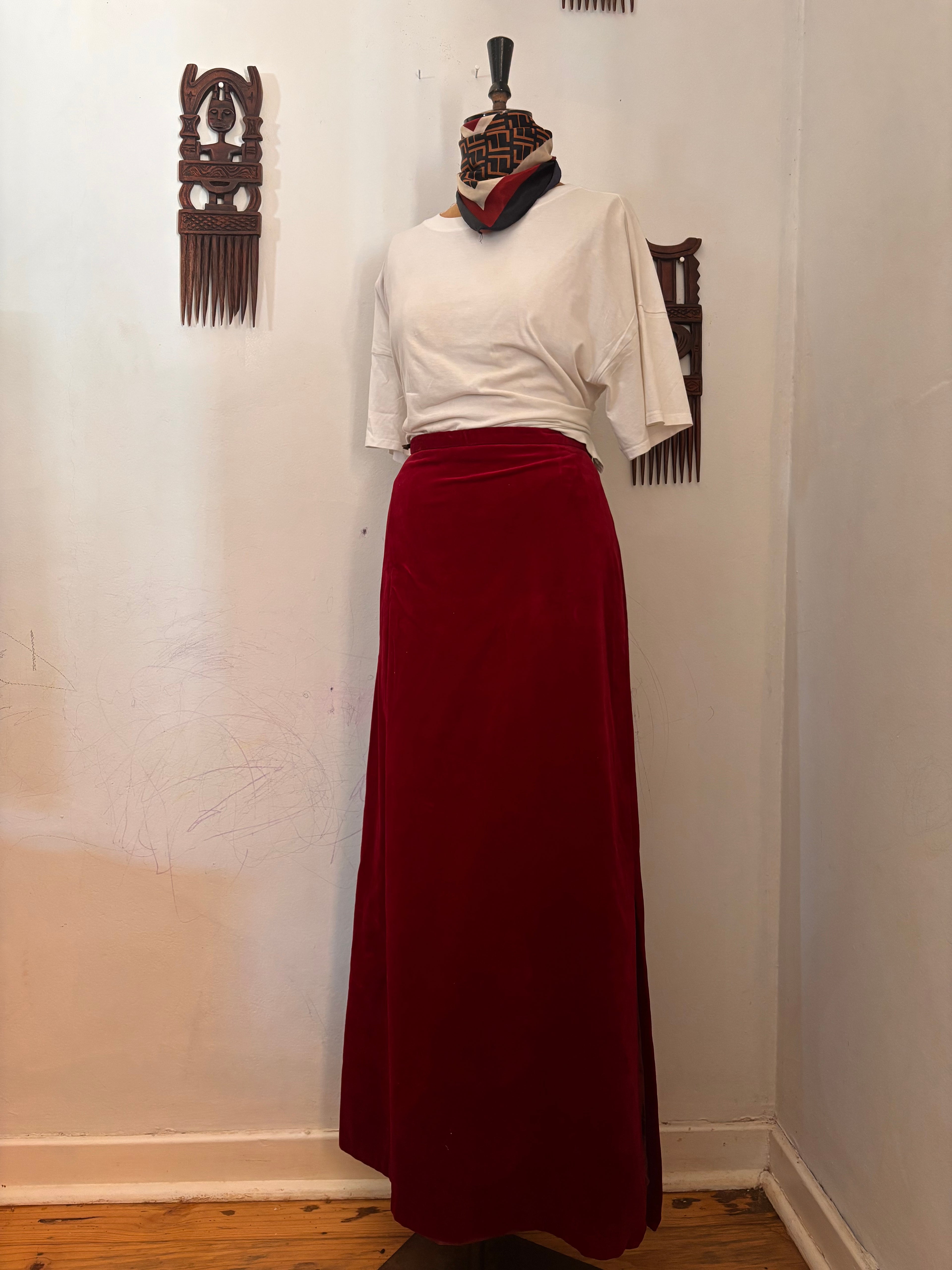 Burgundy Velvet Vintage Maxi Skirt