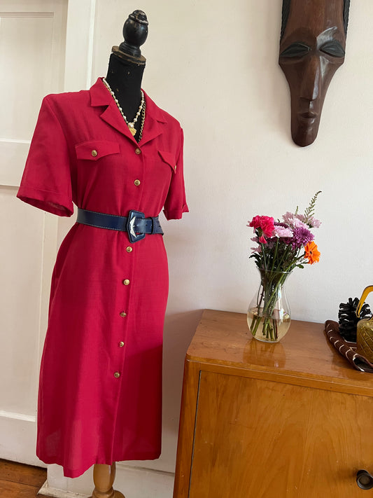 Red Linen Button Dress