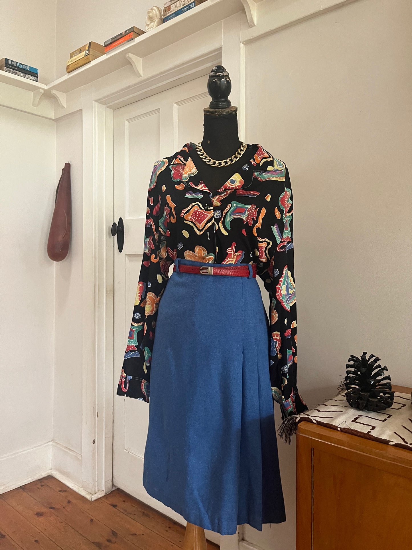 Blue Pleated Wool Pencil Skirt