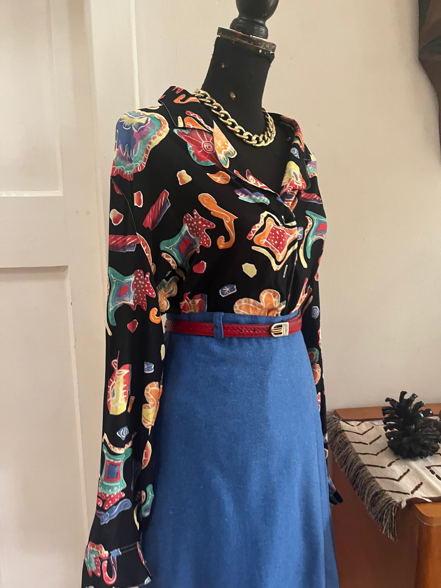 Blue Pleated Wool Pencil Skirt