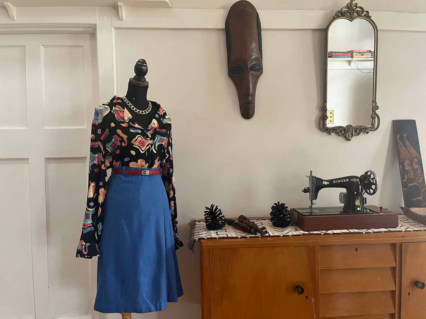 Blue Pleated Wool Pencil Skirt