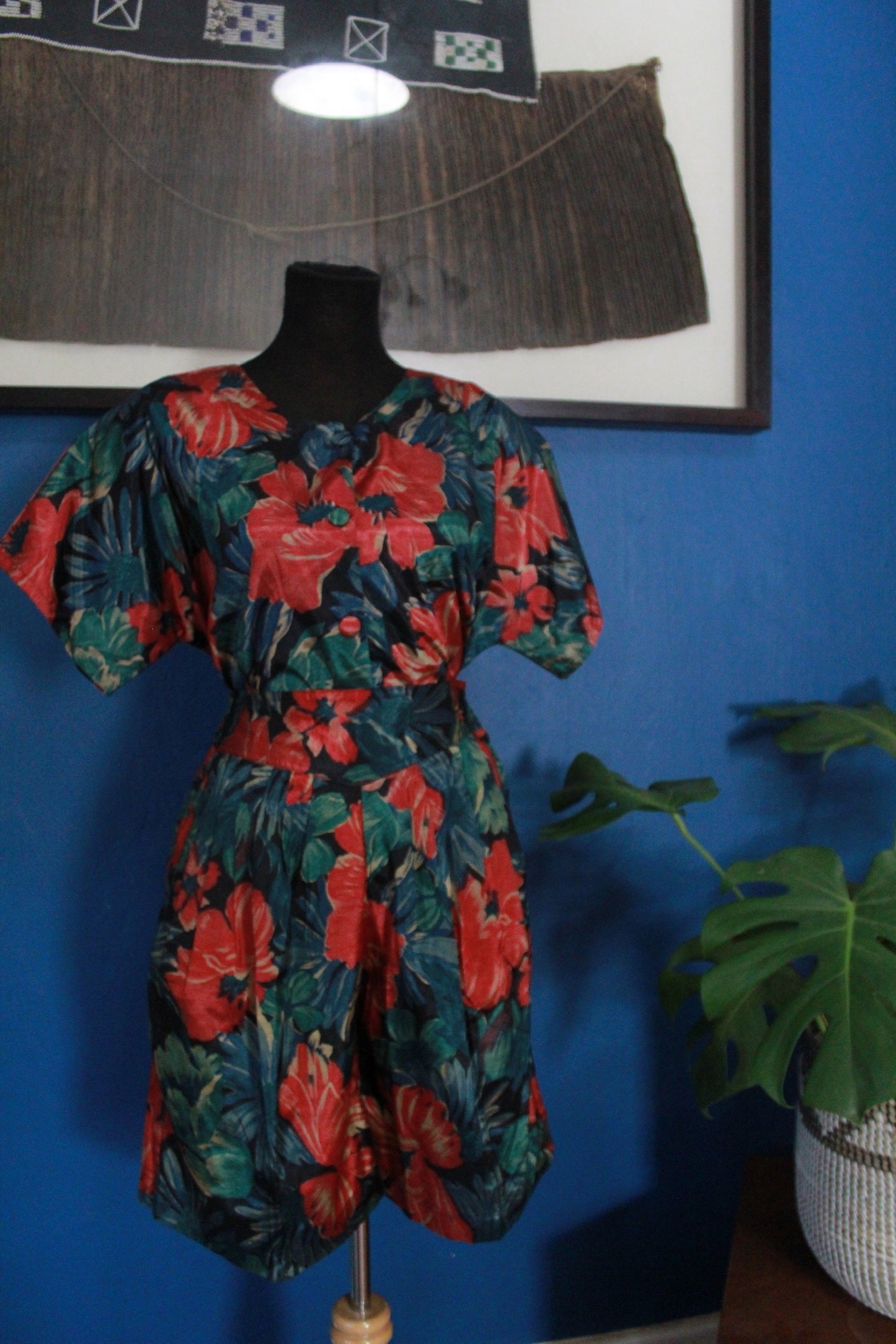 Vintage Red & Green Floral Print Two-Piece